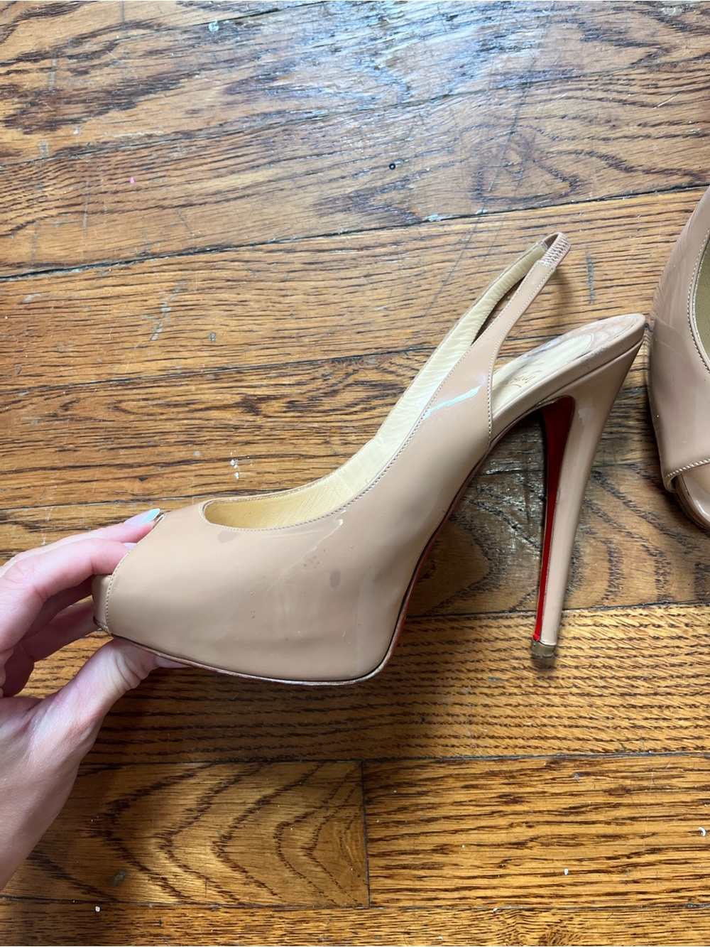 Christian Louboutin Nude Patent Peep-Toe Slingback Pumps - Picture 9 of 10